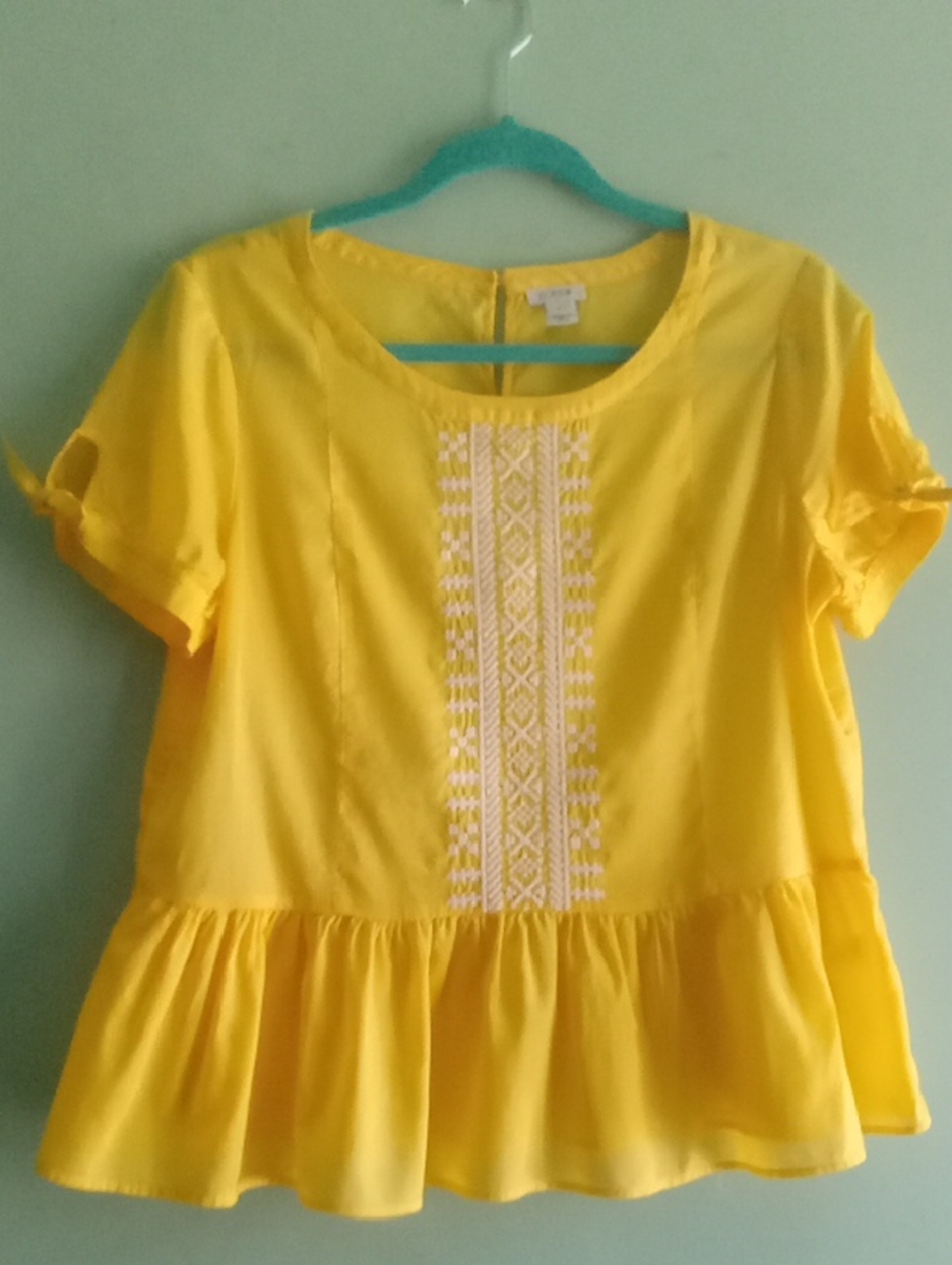 J. Crew Yellow Peplum Top with White Embroidered Front